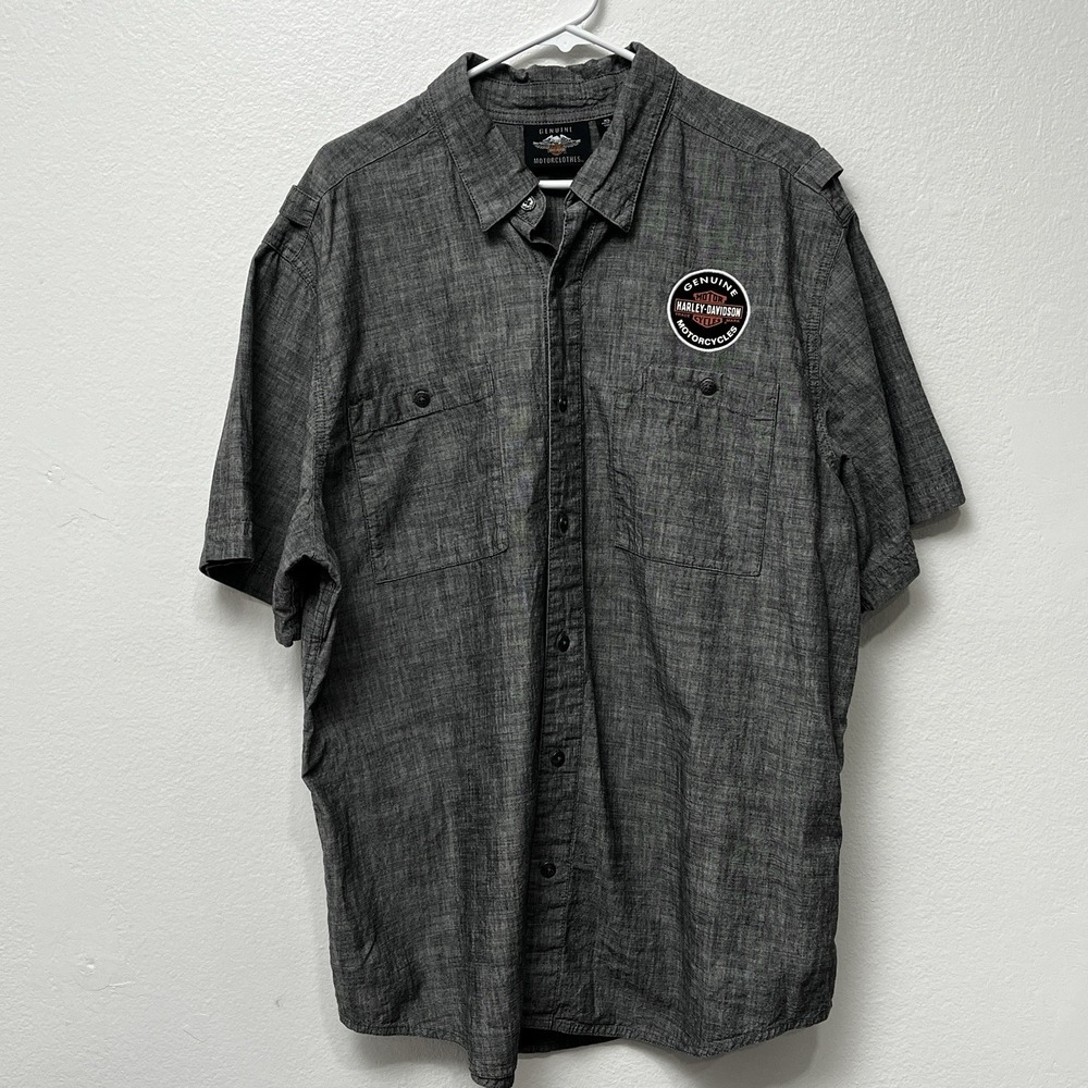 Harley-Davidson Shirt‎ Mens XL Gray Short Sleeve Button Up Orange Logo Pockets